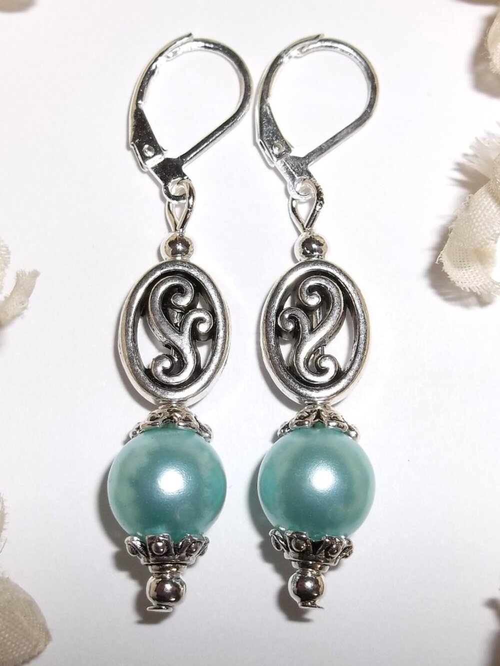 Turquoise Blue Earrings Faux Pearl Silver Dangle Drop Lever Back Set Pair D9115